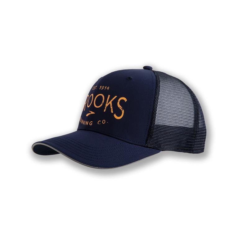 Brooks Men's DISCOVERY TRUCKER Running Hat - Navy/Heritage - Canada (HGQED-0512)